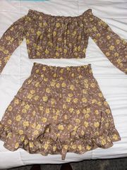 Patterned Long Sleeve Crop Top and Skirt Set