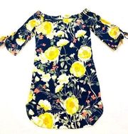 Navy Blue Floral Yellow Rose Tunic Top XS