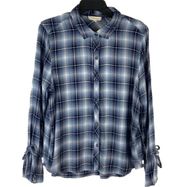 Blue Plaid Lightweight Flannel with Tie Bell Sleeves Size Medium