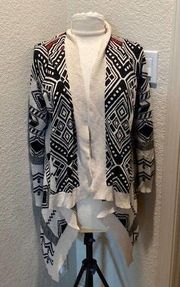 Pink Rose Women’s Open Front Handkerchief Hem Cardigan Tribal Print EUC Sz M