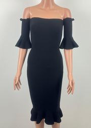 Pintuck Off-the-Shoulder Sheath Dress -  Black