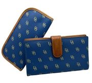 Dooney & BOURKE Blue and Tan Signature Checkbook Wallet & Sunglasses holder