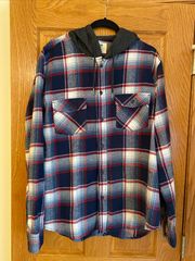 Hooded Plaid Flannel Shirt Button Up Size XL Casual Y2K