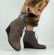 Vegan Faux Suede Lace-Up Wedge Ankle Booties in Taupe Brown