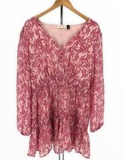 RD Style Pink Print Sheer Long Sleeve Smocked Waist Mini Dress size Large