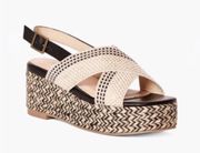 New Just Fab Black Tan Aura Woven X Platform Espadrille Wedge Sandals. Size 8