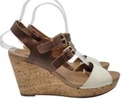 Dr Scholls Faux Leather Cotton Brown Cream Open Toe Cork Wedges Size 9 M