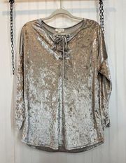 Hailey & Co Women’s Silver Crushed Velvet Lace Up Long Sleeve Blouse Size M