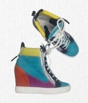 Giuseppe Zanotti Multicolor Patchwork Wedge Heel Lace Up High Top Sneakers Sz 36