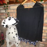 Long Sleeve Knit Tunic Top with Floral Ruffle Hem, Black, XL, Excellent