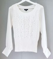 White Diamond Stitc Cableknit Sweater Sheer Sleeves Gold Diamond Embellishments