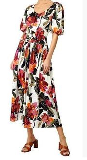 NEW Adelyn Rae Lucia Floral Print Smocked Midi Dress Puff Sleeve Women's XS