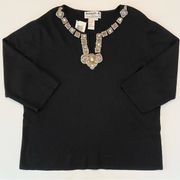 Joseph A Knit Sweater Embellished Jewel Beaded Neck Line Black Silver Gold 2X