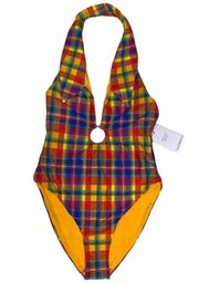 New WeWoreWhat Swimsuit Womens S One Piece Racerback Plaid Collar Blue Plaid