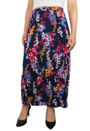 90s Vintage Jaclyn Smith Blue Floral High Rise A-Line Side Slit Maxi Skirt Small