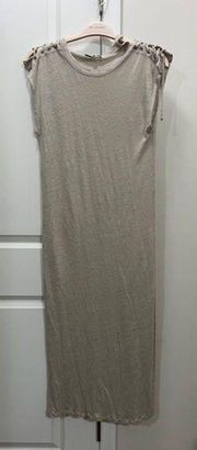 IRO Tan Knit Linen Tie Shoulder Midi Dress Size Small $275