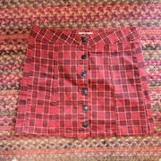 SKY & SPARROW RED PLAID STRETCH DENIM BUTTON FRONT MINI SKIRT