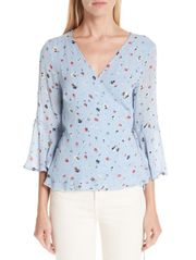 Serenity Blue Dainty Floral Georgette Wrap Top Blouse US S