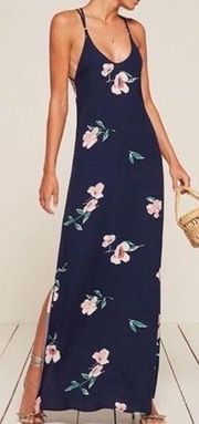 Reformation Miguel Crepe Maxi Slip Dress Floral Print Navy Blue Pink