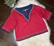 Victoria Jones Women Red/denim fringe linen blouse sz 2X