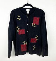 LIZ BAKER Black Patch Long Sleeves Front Button Knit Cardigan, Size Medium