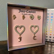 New Juicy Couture Glass Crystal Heart Logo Faux Pearl Stud Earrings Set 3​​