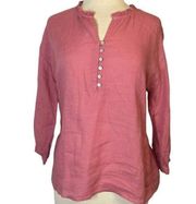 NEW J Jill Love Linen Pink VNeck 3/4 Sleeve Ruffle Trim Linen Blouse Size L