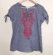 Westport Navy Red Cotton Gingham Embroidered Tie sleeve top blouse coastal S