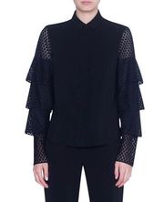 Akris Punto Laser Cut Lace Long Tier Sleeve Button Down Black Top US 10