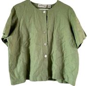 Orvis Button Down Shirt Round Neck Relaxed Fit Casual Plain 100% Linen Green L