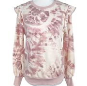 New Marled Tie Dye Ruffle Trim Sweatshirt Long Sleeve Crewneck Pullover Pink