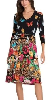 Johnny Was Sandra Midi Dress Mixed Print Floral Butterfly 3/4 Sleeve Tiered NWT
