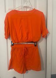 SheIn Neon Orange Monochromatic  Set Crop Top and Shorts Women Size Small