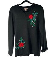 Vintage White Stag Black Sweater Poinsettia Yarn Work Holiday Sweater