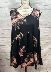 Agnes & Dora large black tank with pink flowers - 2665