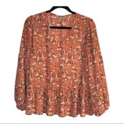 Pleione Orange Floral V Neck Spring Summer Long Sleeve Blouse Medium