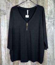 NY Collection Woman Size 3X Black V-Neck 3/4 Sleeves Front Zipper Closure