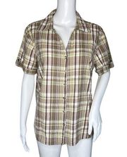 Erika Shirt Womens Large Brown White Plaid Outdoors Campcore Cabin Casual Preppy