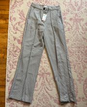 Grey Plaid High-Waisted Straight Leg Pants