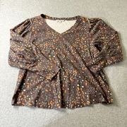 Zac & Rachel Womens Blouse Size 2XL Cheetah Print Waffle Knit V-Neck Puff Boho