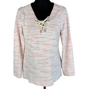 Tommy Bahama Women Terrycloth Sweater S Small Orange White Stripe Lace Up V-Neck