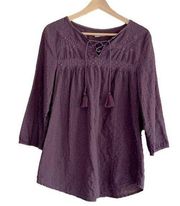 RuffHewn embroidered eyelet crochet trim lace-up peasant top size M