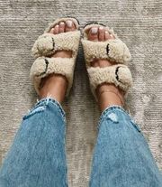 Birkenstock  Arizona Papillio Big Buckle Genuine Shearling Slide Sandal Eggshell