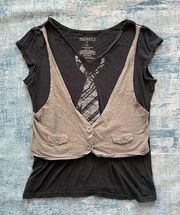 Miley Cyrus Max Azria Black Tie Tee w Attached Vest XL
