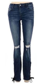 Tractr Blu Womens Distressed Blue Jean With Lace Up Detail Size 27