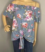 Floral On or Off Shoulder Tie Front Blouse Blue White Pink Green Med