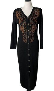 Carole Little Long Black Knit Dress Vintage Embroidered Buttons Women Size M P