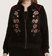 Torrid Jacket Women's 00 US M Floral Embroidered Embellished Bomber Velvet Black