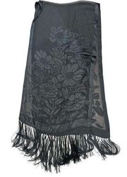 Echo Black Floral Silk Blend Fringe Large Shawl Wrap Scarf Formal