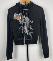 Express Black Y2K 2000s Graphic Print Full Zip Cropped Hoodie Sweater